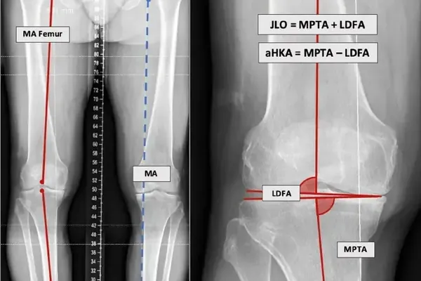 A leg X-ray with the mechanical axis drawn through femur and tibia and the knee angle measurements labelled