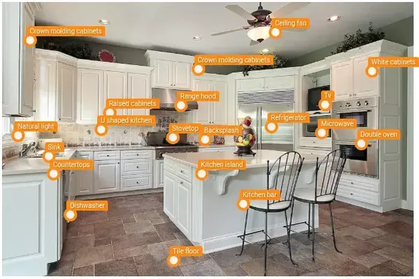 A kitchen listing photo with labelled pins marking detected features such as the range hood, stovetop and kitchen island