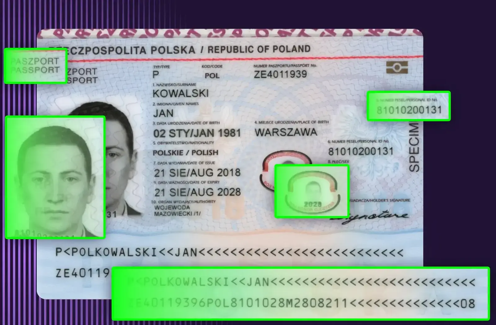 Specimen passport with detected regions highlighted: document label, photo, personal ID number, hologram and the machine-readable zone