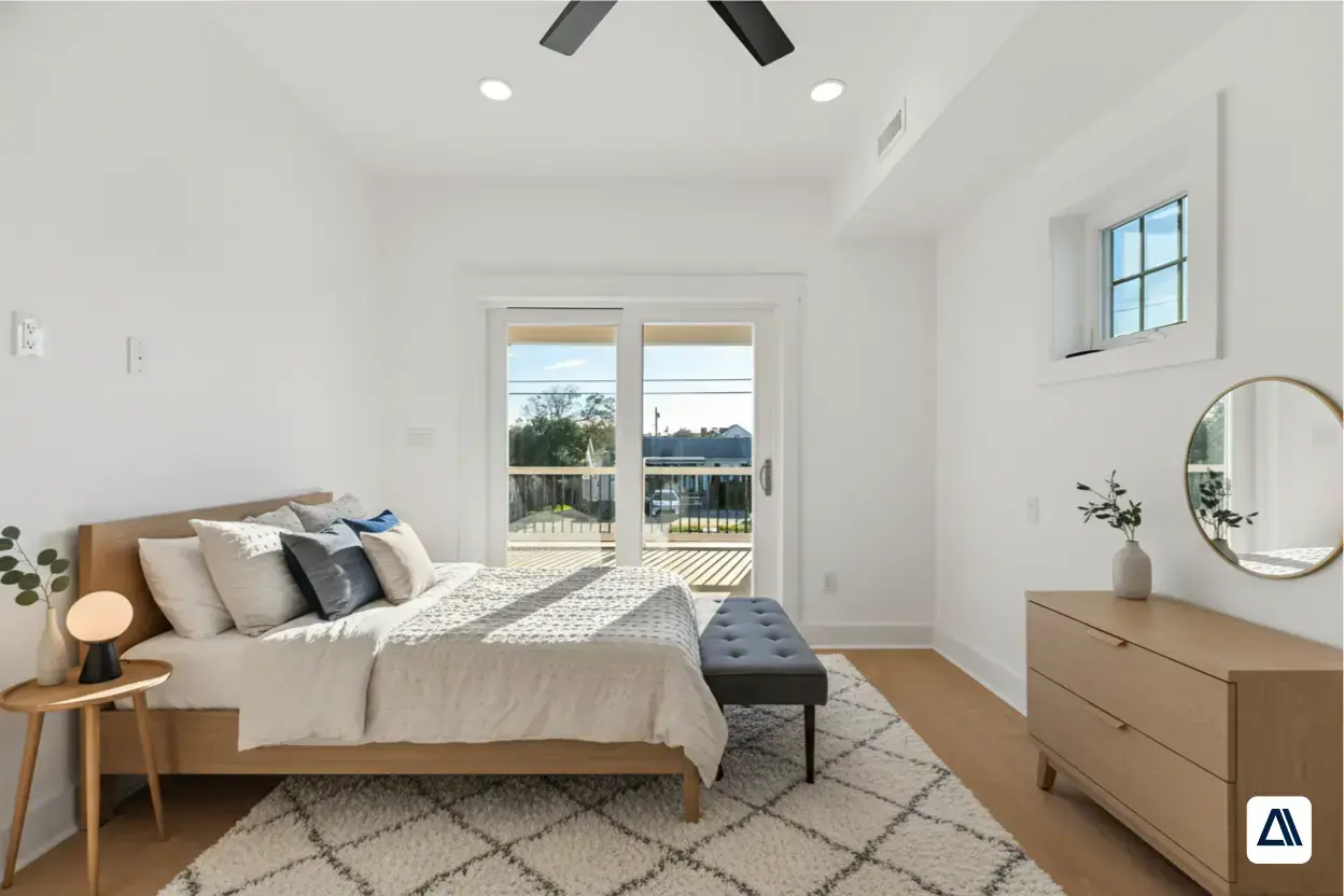 Sample bedroom photo with wood floors