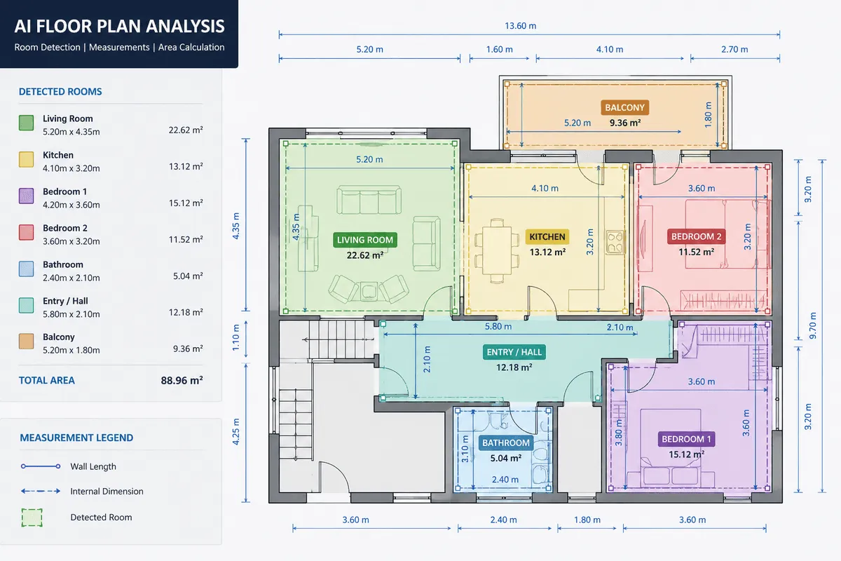 AI floor plan analysis output: every room shaded and labelled with its dimensions and area, with a total area of 88.96 square metres