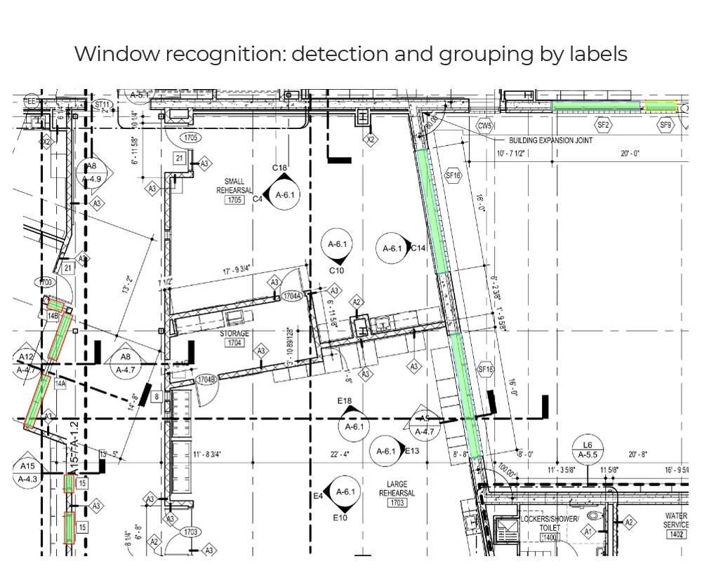Plan with window segments detected along an angled exterior wall and highlighted by window label
