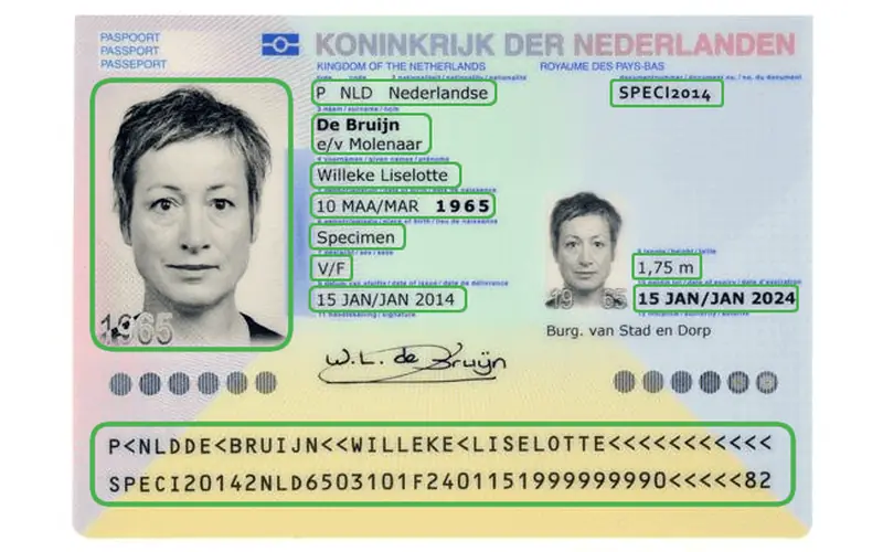 Specimen passport with every text field and the machine-readable zone detected