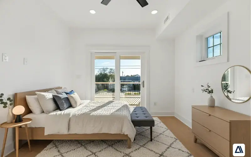 Bedroom virtually staged with a bed, bench and decor while the real windows and floor are kept