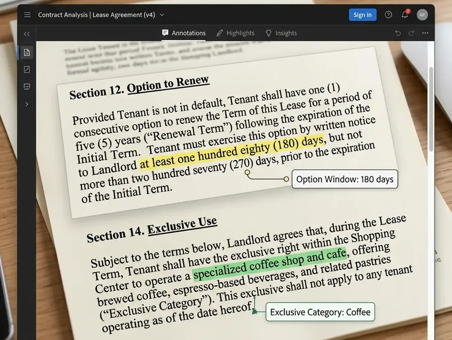 Lease agreement open in a document reviewer: the renewal notice period is highlighted and labelled Option Window 180 days, and the exclusive use clause is labelled Exclusive Category Coffee