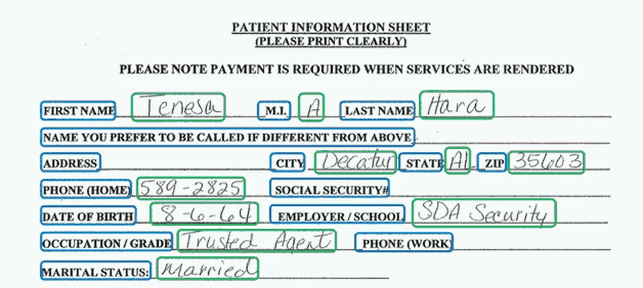 Scanned patient information form where each printed label is outlined in blue and each handwritten answer, such as the city, date of birth and employer, is outlined in green
