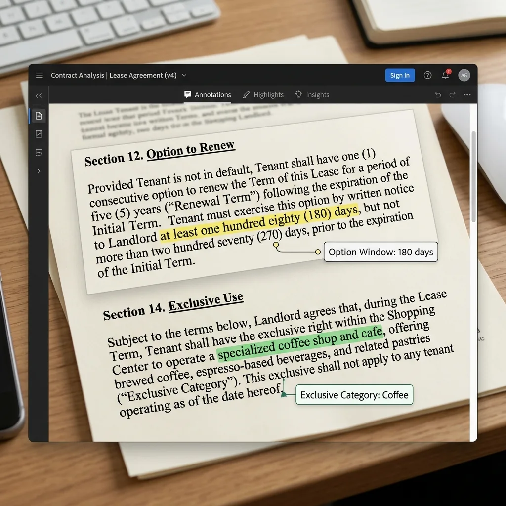 Lease agreement in a review tool with the Section 12 option to renew and Section 14 exclusive use clauses highlighted, annotated with a 180-day option window and a coffee exclusive category