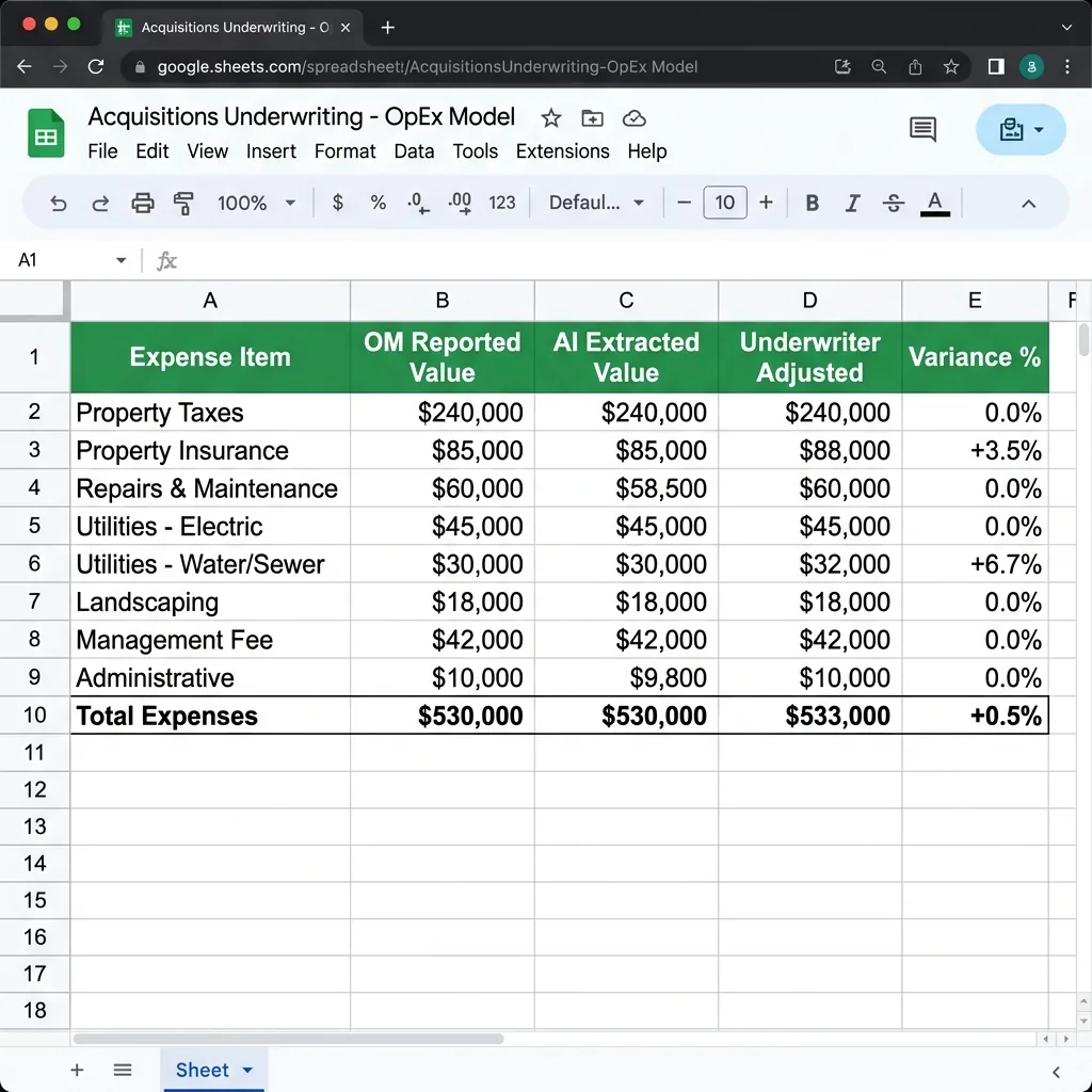 Underwriting spreadsheet listing operating expenses with columns for the OM-reported value, AI-extracted value, underwriter-adjusted value and variance percentage