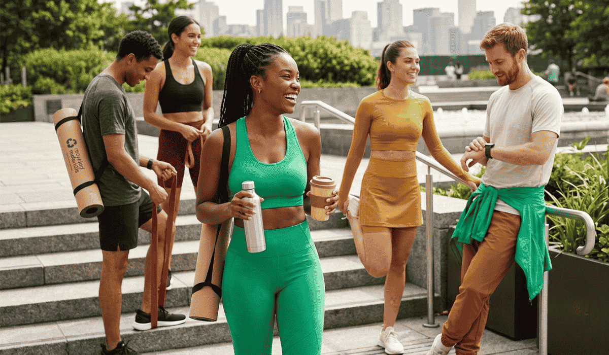 A group of people in bright activewear talking and laughing together on steps outside a city gym